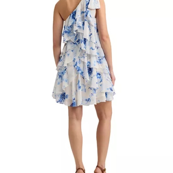 Ralph Lauren Blue Floral One-Shoulder Dress Size 14 NWT white and blue - Picture 4 of 6